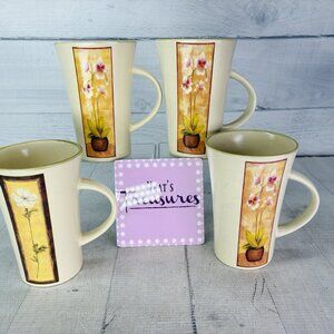 Mulberry Home ORCHID Flower Green Trim 13oz Ceramic Tall Latte Mugs Cups Set  4